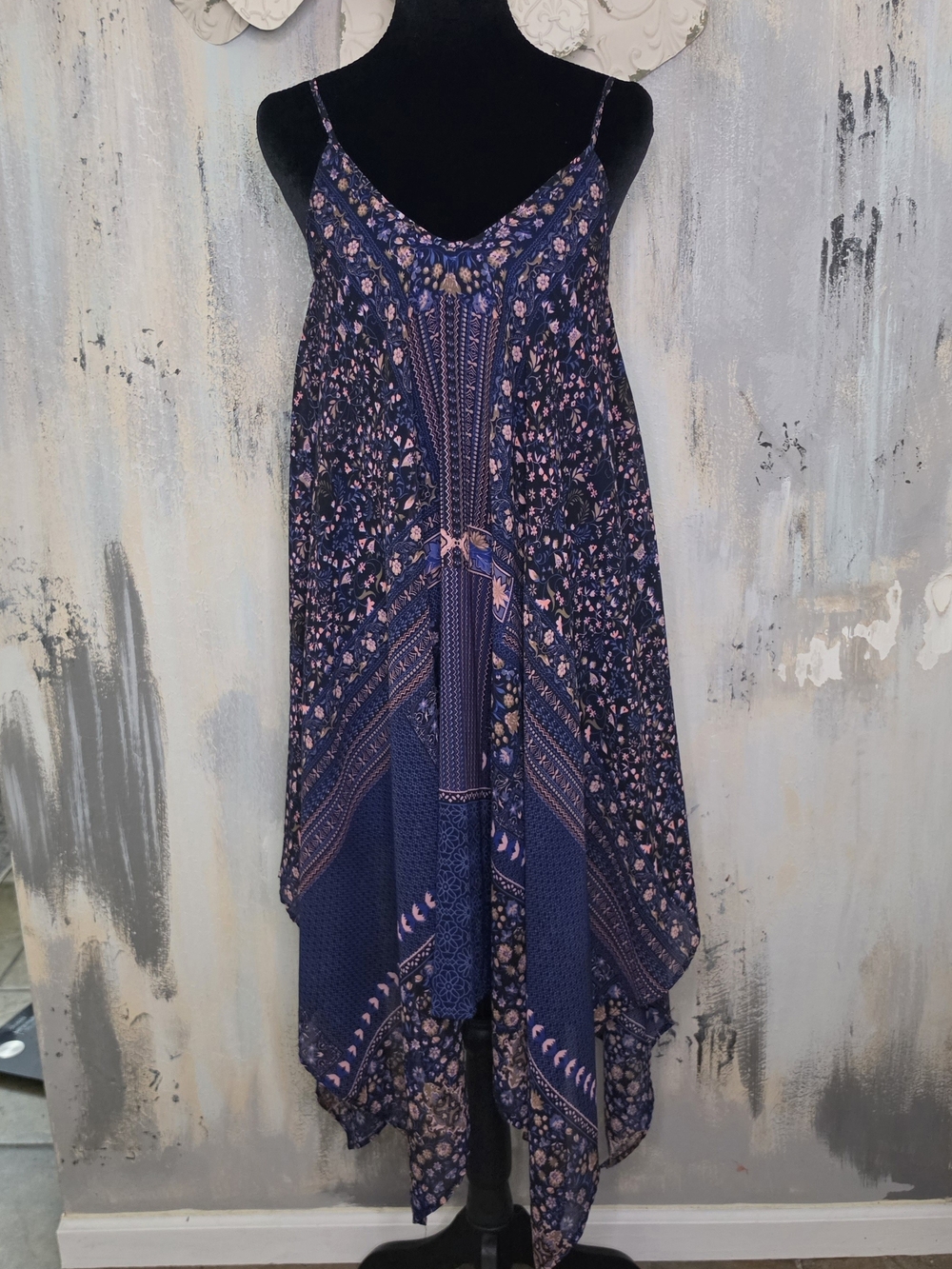 Boho Navy Floral Asymmetrical Handkerchief Dress